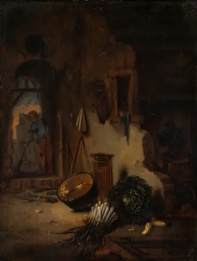 Kücheninterieur mit fegender Frau von Willem Kalf