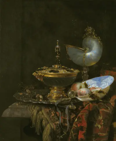 Prunkstillleben mit Holbein-Schale, Nautiluspokal, Glasbecher und Fruchtschale von Willem Kalf
