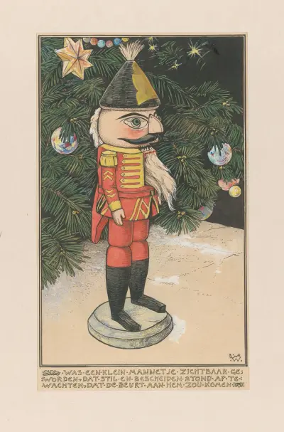Notenkraker in een huzarenmantel bij een kerstboom av Willem Wenckebach