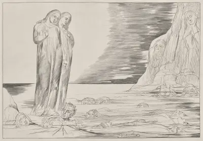 The Circle of the Traitors; Dante’s Foot Strriking Bocca degli Abbate, from Dante’s Inferno av William Blake