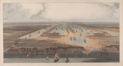 An Elevated View of the New Docks & Warehouses now Constructing on the Isle of Dogs, William Daniell