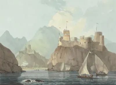 East View of the Forts Jellali and Merani, Muskat, William Daniell