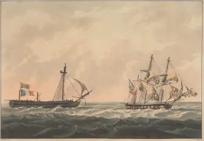 H.M.S. Sloop ‘Bonne Citoyenne’ taking the French Frigate…., William Daniell