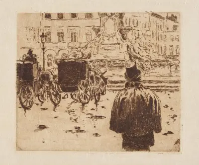 Brussels stadsplein met koetsen en personages, Alfred William Finch