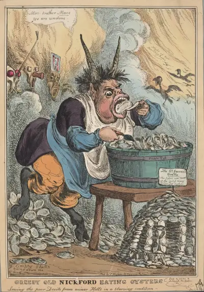 Greedy old Nickford eating oysters, leaving the poor devils from minor hells in a starving condition. av William Heath