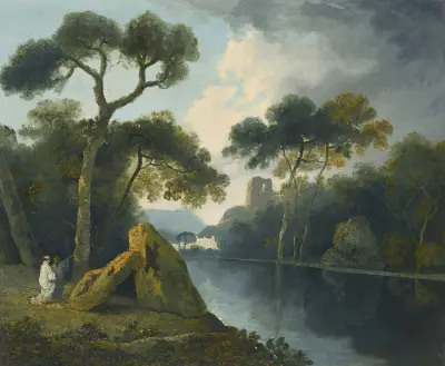 A River Landscape With Monks Conversing By A Pair Of Megaliths, With Ruins Beyond, William Hodges