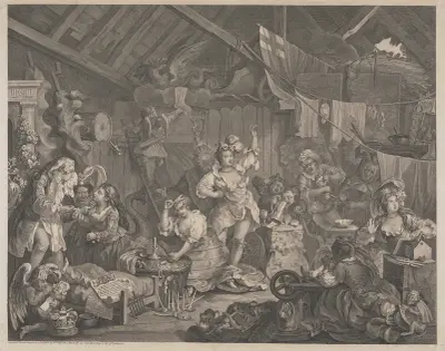 Umherziehende Schauspielerinnen beim Ankleiden in einer Scheune von William Hogarth