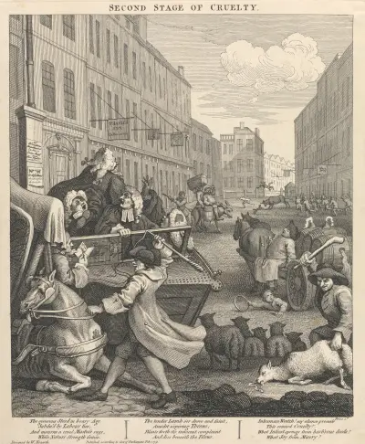 Die zweite Stufe der Grausamkeit; Zweitens: Der Kutscher schlägt ein gefallenes Pferd von William Hogarth
