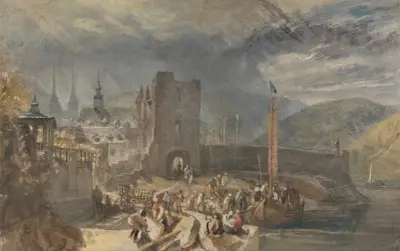 Pohled na Boppard s postavami na břehu řeky, Joseph Mallord William Turner