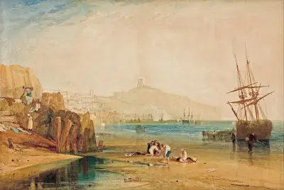 Scarborough town and castle; morning; boys catching crabs av Joseph Mallord William Turner