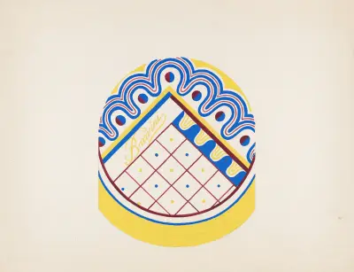 3-D Study for circular box with grid and dotted wavy border in blue, red and green av Winold Reiss