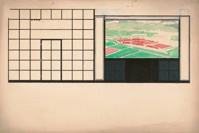 Design drawings for Mercedes Motors Showroom] [Study of interior elevation with mural av Winold Reiss