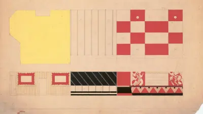 Design for dčor of restaurant, 56 East 56th St, New York, NY.] [Drawing of suggested dčor for restaurant with color elevation and murals av Winold Reiss