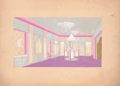 [Design for the Lentheric Salon, Fifth Ave. & 58th St., Savoy-Plaza Hotel, New York, NY.] [Perspective rendering av Winold Reiss
