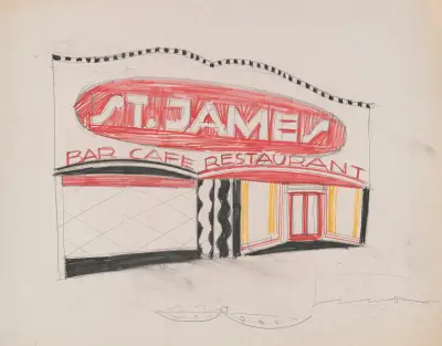 Designs and photographs for alterations to St. James Bar Restaurant, W. 181st St. and Broadway, New York, NY.] [Sketch for exterior perspective elevation and plan av Winold Reiss