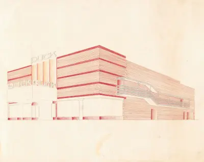 Designs for the Puck Theater (later Elgin Movie Theater, then Joyce Movie Theater), New York, NY.] [Exterior perspective study., 1941 – nr 2 av Winold Reiss