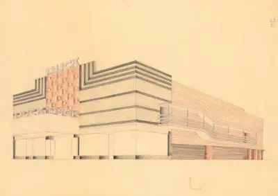 Designs for the Puck Theater (later Elgin Movie Theater, then Joyce Movie Theater), New York, NY.] [Exterior perspective study, 1941 – nr 4 av Winold Reiss