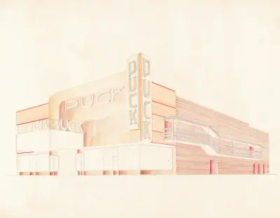Designs for the Puck Theater (later Elgin Movie Theater, then Joyce Movie Theater), New York, NY.] [Exterior perspective study, 1941 – nr 1 av Winold Reiss