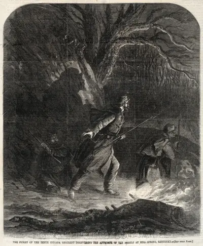 The Picket of the Tenth Indiana Regiment discovering the Approach of the Rebels at Mill Spring, Kentucky av Winslow Homer