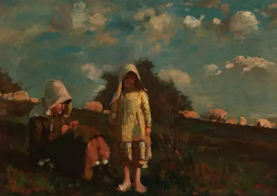 Två flickor med solhattar på ett fält av Winslow Homer