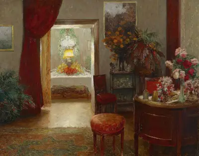 Interieur mit festlich gedecktem Tisch av Olga Wisinger-Florian