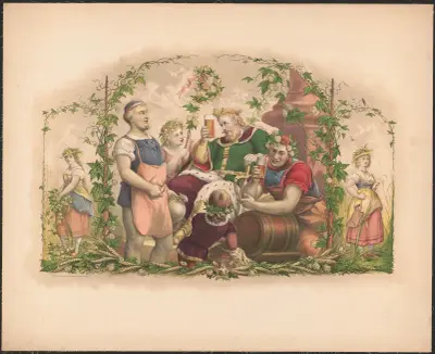 King Gambrinus seated, attended by brewers, 1878 – Nr. 1, Wittemann Bros.