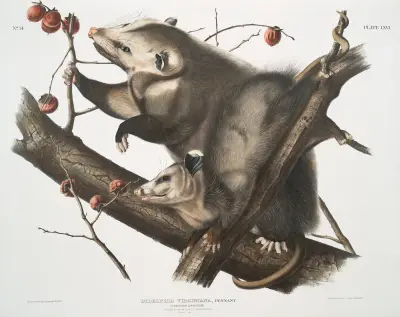 Didelphis Virginiana, Virginisches Opossum. Weibchen und junges Männchen. 7 Monate alt. Natürliche Größe. von John Woodhouse Audubon