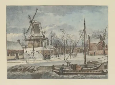 De Doelmolen, de Raampoort, de Stadswal en de huizen aan de Korte Geusestraat (nu; Wilsonsplein) vanaf de Raamgracht in de sneeuw. av Wybrand Hendriks