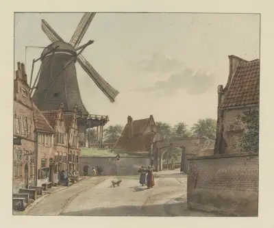 Gezicht vanuit de Bereiderstraat, tegenwoordig Sophiastraat, op de oostzijde van de Raampoort en de Doelmolen av Wybrand Hendriks