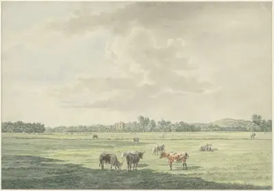 Landschap met weiland en koeien op de voorgrond en in de verte de ruIne van Brederode av Wybrand Hendriks
