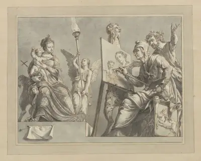 Sint Lucas schildert Maria met het kind Jezus, staand op haar schoot. av Wybrand Hendriks