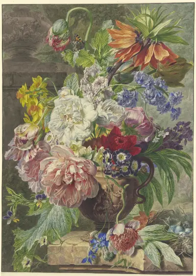 Still Life with Bouquet of Flowers and Bird’s Nest av Wybrand Hendriks