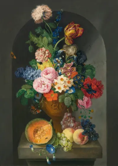 A Bronze Urn Of Flowers, With A Melon, Peaches And Grapes, A Butterfly And A Caterpillar av Franz Xaver Petter