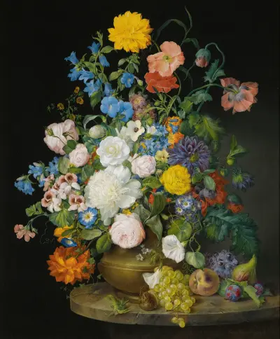 A Vase Of Camellias, Geraniums, Dahlias, A White Peony, Roses, Poppies And Other Flowers, With Fruit On A Stone Ledge av Franz Xaver Petter