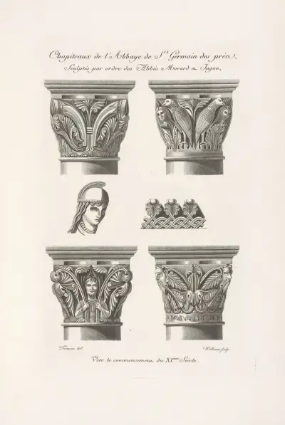 Chapiteaux de l’abbaye de St. Germain des près, sculptés par ordre des abbés Morard et Ignon, vers le commencement du XIme. siècle. av Nicolas Xavier Willemin