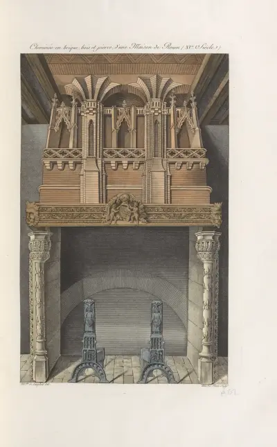 Cheminée en brique, bois et pierre, d’une maison de Rouen (XVe. siècle). av Nicolas Xavier Willemin