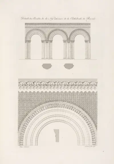 Détails des arcades de la nef intérieure de la cathédrale de Bayeaux. av Nicolas Xavier Willemin