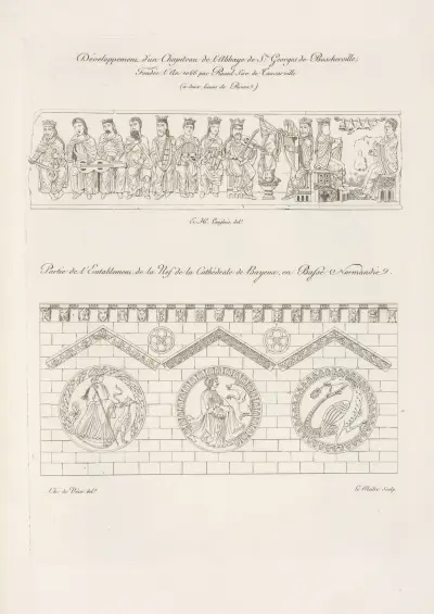 Développement d’un chapiteau de l’abbaye de St. Georges de Boscherville, […] partie de l’entablement de la nef de la cathédrale de Bayeaux, en basse Normandie. av Nicolas Xavier Willemin