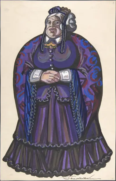 Old Woman in a purple dress av Sergey Yurievich Sudeikin