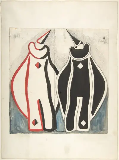 Two clown costumes, red and black av Sergey Yurievich Sudeikin