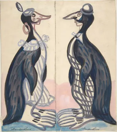 Two penguins , male and female av Sergey Yurievich Sudeikin