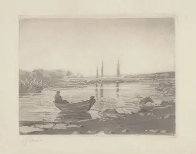 View of a lake with a boat by the shore von Zofia Stankiewicz