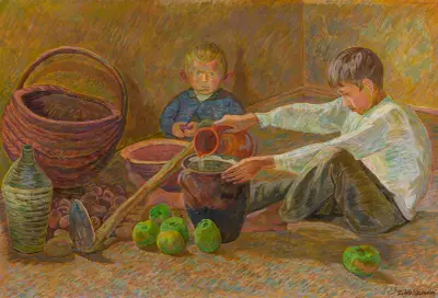 Boys pouring water av Zygmunt Waliszewski