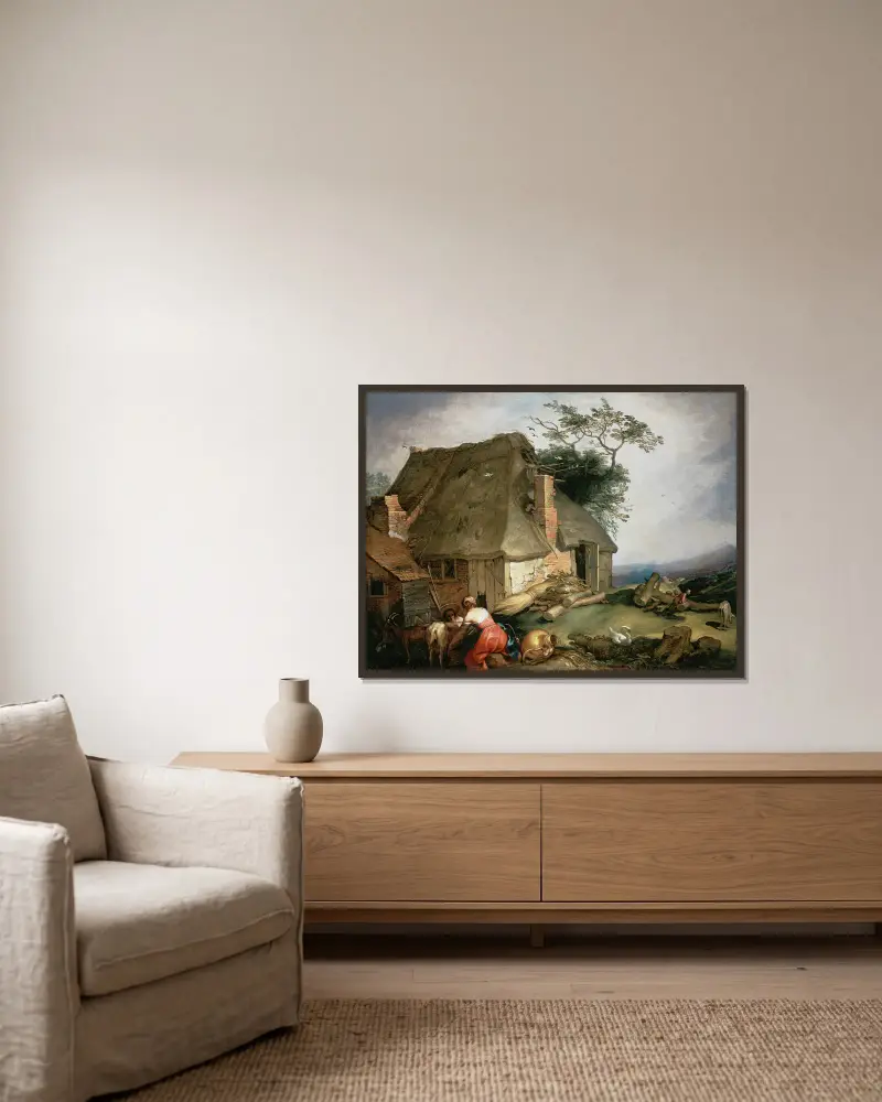 Eine Hütte mit Bauern, die Ziegen melken von Abraham Bloemaert gerahmt an einer Wand