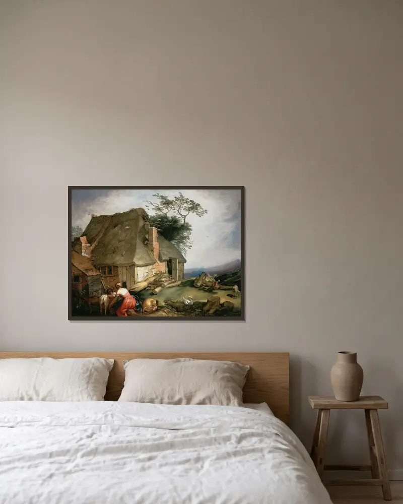 Eine Hütte mit Bauern, die Ziegen melken von Abraham Bloemaert gerahmt an einer Wand