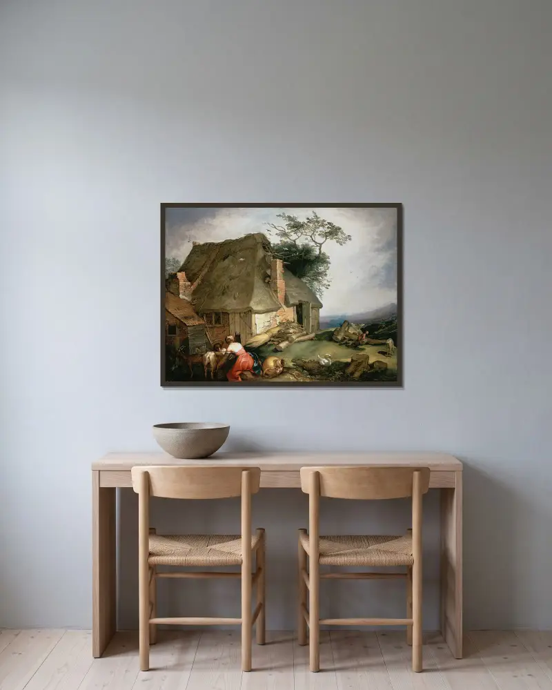 Eine Hütte mit Bauern, die Ziegen melken von Abraham Bloemaert gerahmt an einer Wand
