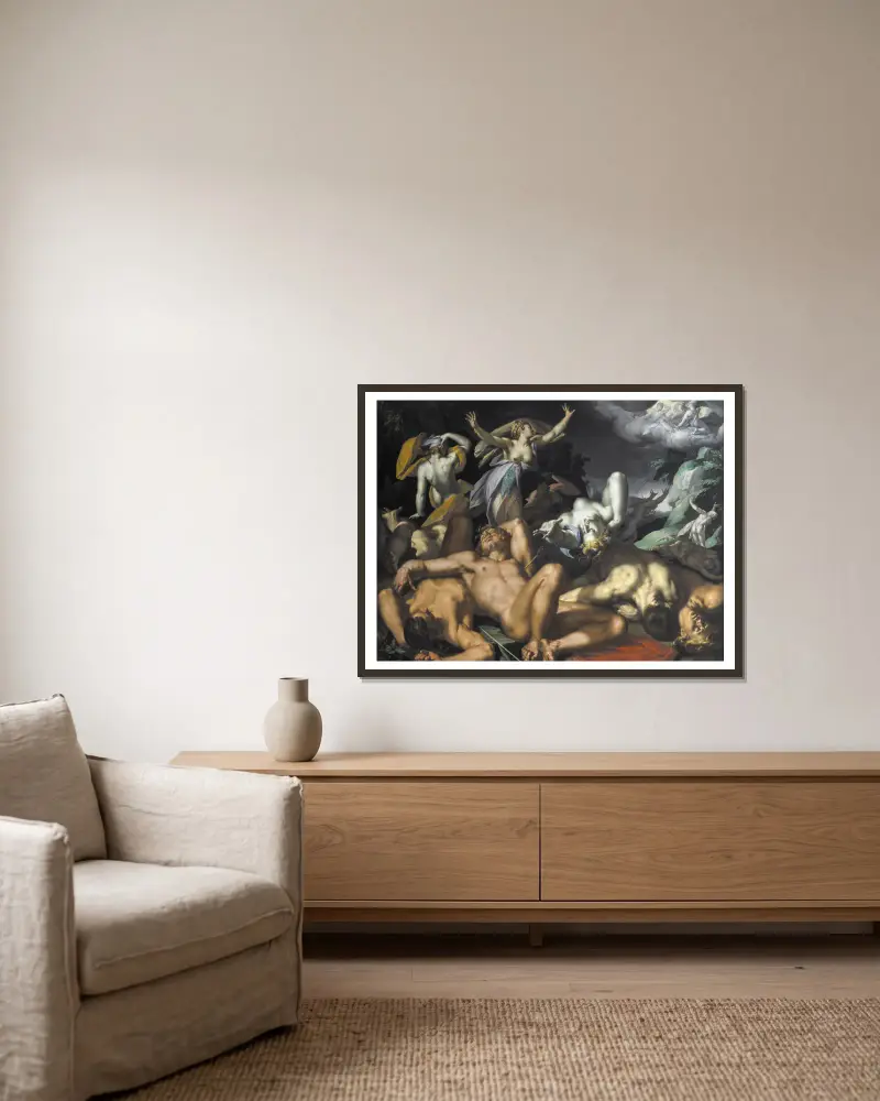 Apollo och Diana straffar Niobe genom att döda hennes barn av Abraham Bloemaert inramad på en vägg