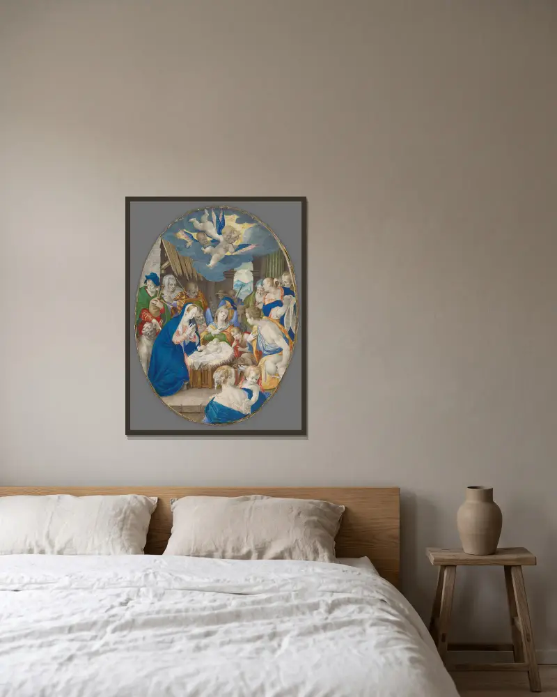 Kristi födelse i Betlehemsstallet av Abraham Bloemaert inramad på en vägg