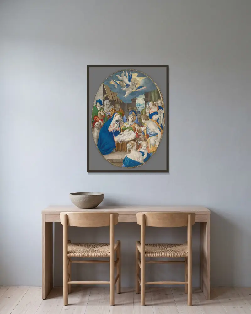 Kristi födelse i Betlehemsstallet av Abraham Bloemaert inramad på en vägg