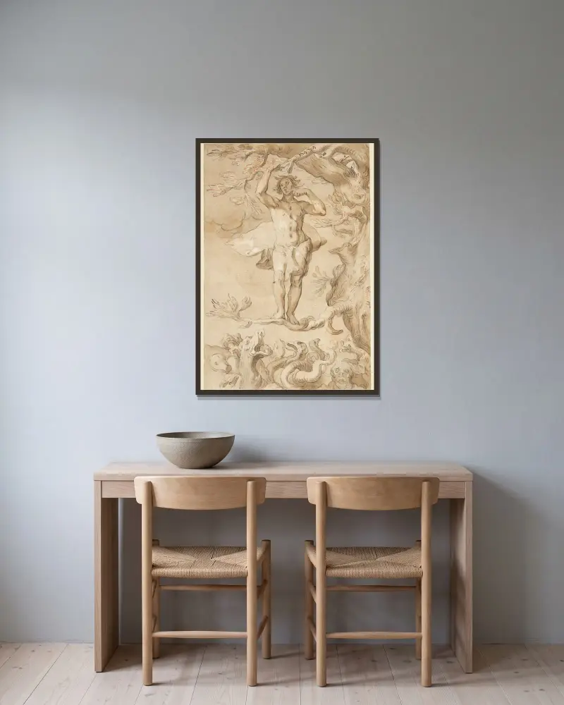 Den mänskliga glädjens förgänglighet. En man, jagad av en drake, klamrar sig fast vid en gren medan han slickar honung från sitt finger av Abraham Bloemaert inramad på en vägg